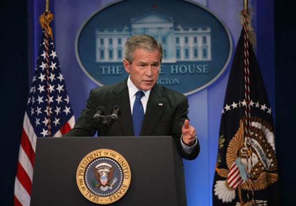 U.S. President George W. Bush, whose policy of preventive war has been called the Bush Doctrine, at a press conference in 2007.