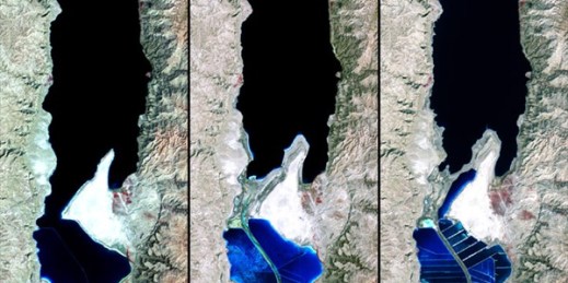 NASA image by Robert Simmon showing the dropping water level of the Dead Sea. The image was created using Landsat data from the United States Geological Survey.