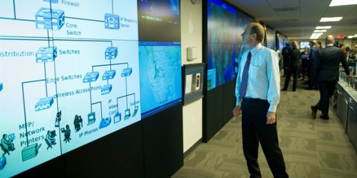 Large video displays in the Department of Homeland Security’s National Cybersecurity and Communications Integration Center in Arlington, Virginia, Aug. 22, 2018 (AP photo by Cliff Owen).