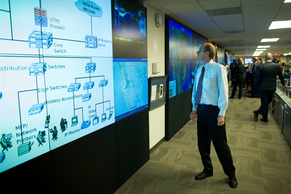 Large video displays in the Department of Homeland Security’s National Cybersecurity and Communications Integration Center in Arlington, Virginia, Aug. 22, 2018 (AP photo by Cliff Owen).