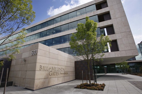 The entry plaza of the Bill & Melinda Gates Foundation headquarters, June 2, 2011, in Seattle (AP Photo/Elaine Thompson).