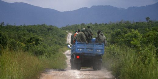 Rebels loyal to Laurent Nkunda's rebel movement are seen traveling through the Virunga National Park.