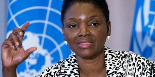 Valerie Amos, Under-Secretary-General for Humanitarian Affairs and U.N. Emergency Relief Coordinator, at the seventh meeting of the Syria Humanitarian Forum, Geneva, Switzerland, Feb. 19, 2013 (U.N. photo by Jean-Marc Ferré).