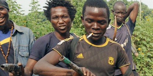 Members of Anti-balaka, a Christian militia, Bangui, Central African Republic, Feb. 26, 2014 (AP photo via Kyodo by Tomoaki Nakano).