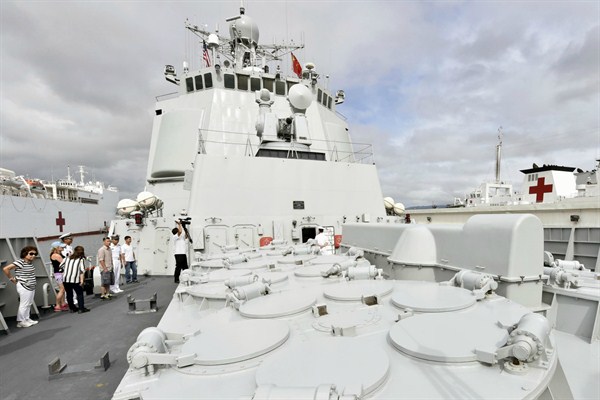 Missile launchers on the deck of the Chinese destroyer Haikou, U.S. Joint Base Pearl Harbor-Hickam, Hawaii, July 5, 2014 (Kyodo via AP Images).