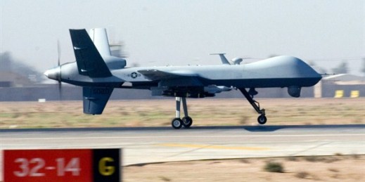 An MQ-9 Reaper unmanned aerial vehicle lands at Joint Base Balad, Iraq, Nov. 10, 2008 (U.S. Air Force photo by Erik Gudmundson).