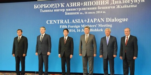 Japanese Foreign Minister Fumio Kishida and his counterparts from five central Asian nations pose prior to their talks in Bishkek, Kyrgyzstan, July 16, 2014 (Kyodo via AP Images).