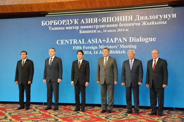 Japanese Foreign Minister Fumio Kishida and his counterparts from five central Asian nations pose prior to their talks in Bishkek, Kyrgyzstan, July 16, 2014 (Kyodo via AP Images).