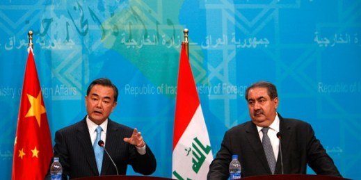 Iraqi Foreign Minister Hoshyar Zebari and his Chinese counterpart Wang Yi speak during a press conference in Baghdad, Iraq, Feb. 23, 2014 (AP photo by Ahmed Saad).