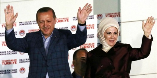 Turkish Prime Minister Recep Tayyip Erdogan acknowledges supporters after his election victory, in Ankara, Turkey, Aug. 10, 2014 (AP photo by Burhan Ozbilici).
