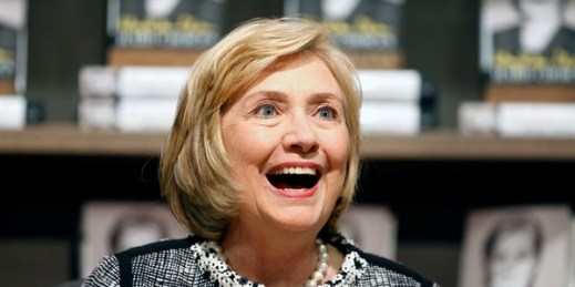 Former Secretary of State Hillary Rodham Clinton as she greets a customer during a book signing of her new book "Hard Choices" at Northshire Bookstore in Saratoga Springs, N.Y, July 29, 2014 (AP Photo/Mike Groll).