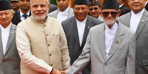 Indian Prime Minister Narendra Modi poses with his Nepalese counterpart Sushil Koirala in Katmandu, Nepal, Aug. 3, 2014 (AP photo by Niranjan Shrestha).