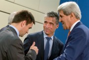 Ukrainian Foreign Minister Pavlo Klimkin speaks with NATO Secretary General Anders Fogh Rasmussen and U.S. Secretary of State John Kerry during a meeting of the NATO-Ukraine Commission in Brussels, June 25, 2014 (AP photo by Virginia Mayo).