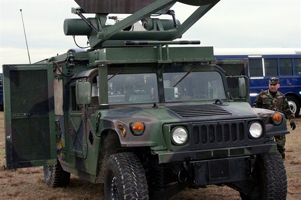 The U.S. military's Active Denial System, a non-lethal ray gun, Moody Air Force Base, Ga., Jan. 24, 2007 (AP photo by Elliott Minor).