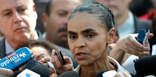 Brazilian Socialist Party presidential candidate Marina Silva speaks to the press after attending mass in honor of late presidential candidate Eduardo Campos at the Metropolitan Cathedral in Brasilia, Brazil, Aug. 19, 2014 (AP photo by Eraldo Peres).