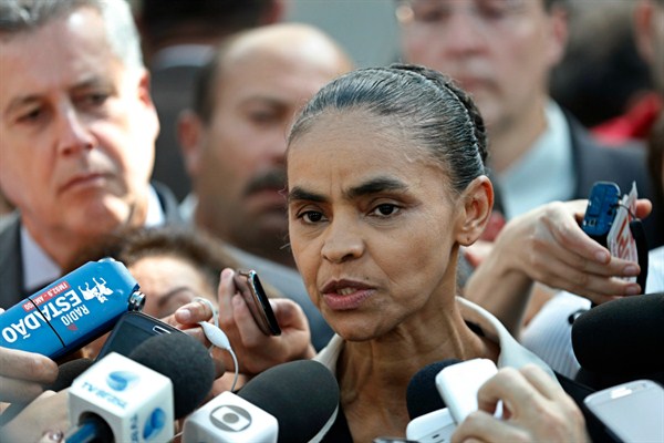 Brazilian Socialist Party presidential candidate Marina Silva speaks to the press after attending mass in honor of late presidential candidate Eduardo Campos at the Metropolitan Cathedral in Brasilia, Brazil, Aug. 19, 2014 (AP photo by Eraldo Peres).