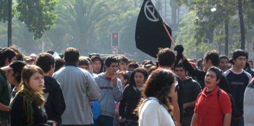Anarchy flag at a May Day rally, Santiago, Chile, May 1, 2008 (photo by Flickr user cproesser licensed under the Creative Commons Attribution-NonCommerial 2.0 Generic license).