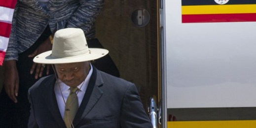 Uganda President Yoweri Museveni arrives at Andrews Air Force Base, Md., Aug. 4, 2014, to attend the U.S.-Africa Summit (AP photo by Cliff Owen).