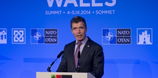 NATO Secretary General Anders Fogh Rasmussen at the NATO summit at the Celtic Manor Resort, Newport, Wales, Sept. 5, 2014 (AP photo by Jon Super).