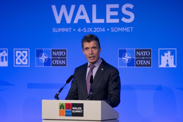 NATO Secretary General Anders Fogh Rasmussen at the NATO summit at the Celtic Manor Resort, Newport, Wales, Sept. 5, 2014 (AP photo by Jon Super).
