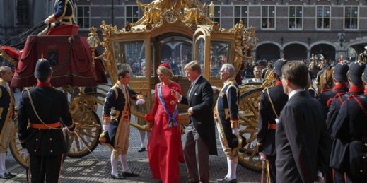 Dutch King Willem-Alexander and his wife Queen Maxima, center left, arrive at the Hall of Knights, The Hague, Netherlands, Sept. 16, 2014 (AP photo by Jasper Juinen).