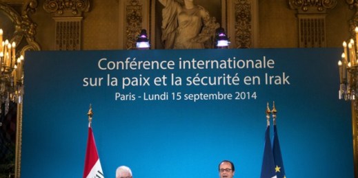 French President Francois Hollande and Iraqi President Fouad Massoum during the opening of a conference on strategy against the Islamic State group, Paris, Sept. 15, 2014 (AP photo by Brendan Smialowski).
