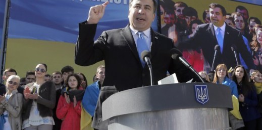 Former Georgian president Mikheil Saakashvili makes a speech during Yulia Tymoshenko's party congress in Kiev, Ukraine, March 29, 2014 (AP photo by Efrem Lukatsky).