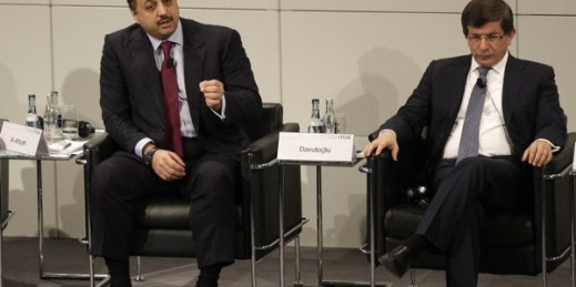 Then-Turkish Foreign Minister Ahmet Davutoglu and Qatari Foreign Minister Khalid Mohamed A. Al-Attiyah at the Conference on Security Policy, Munich, Germany, Feb. 5, 2012 (AP photo by Frank Augstein).