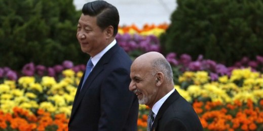 Afghanistan President Ashraf Ghani Ahmadzai walks with his Chinese President Xi Jinping outside the Great Hall of the People in Beijing, China, Oct. 28, 2014 (AP photo by Andy Wong).