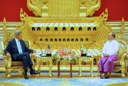 U.S. Secretary of State John Kerry sits with Myanmar President Thein Sein at the Presidential Palace in Naypyidaw, Myanmar, Aug. 9, 2014 (State Department photo).