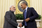 President Barack Obama shakes hands with Indian Prime Minister Narendra Modi in the Oval Office of the White House in Washington, Sept. 30, 2014 (AP photo by Evan Vucci).