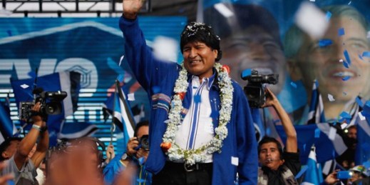 Bolivian President Evo Morales waves to the crowd during the closing campaign rally in El Alto, Bolivia, Oct. 8, 2014 (AP photo by Juan Karita).