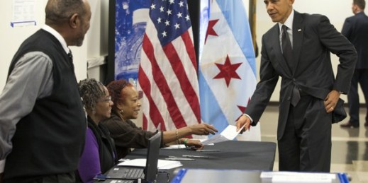 President Barack Obama arrives to vote early in the midterm elections, Oct. 20, 2014, Chicago, Ill. (AP photo by Evan Vucci).