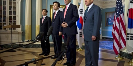 U.S. Defense Secretary Chuck Hagel, U.S. Secretary of State John Kerry, South Korean Foreign Minister Yun Byung-se and South Korean Defense Minister Han Min-koo in Washington, D.C., Oct. 24, 2014 (DoD photo by U.S. Air Force Master Sgt. Adrian Cadiz).