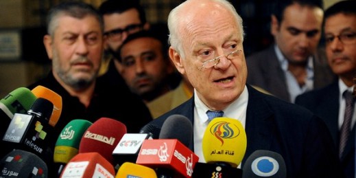 United Nations special envoy to Syria Staffan de Mistura, speaks during  a press conference in Damascus, Syria, Nov. 11, 2014 (AP photo, released by the Syrian official  news agency SANA).