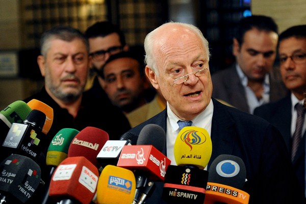 United Nations special envoy to Syria Staffan de Mistura, speaks during  a press conference in Damascus, Syria, Nov. 11, 2014 (AP photo, released by the Syrian official  news agency SANA).