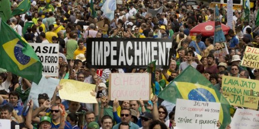 Demonstrators demand the impeachment of Brazil’s President Dilma Rousseff over an alleged scheme of corruption that siphoned money from the state-owned oil company Petrobras, Sao Paulo, Brazil, Nov. 15, 2014 (AP photo).