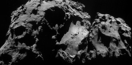 Four-image NAVCAM mosaic of Comet 67P/Churyumov-Gerasimenko, using images taken on Sept. 24, 2014 when Rosetta was 28.5 km from the comet (ESA photo).