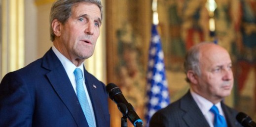 U.S. Secretary of State John Kerry addresses reporters after meeting with French Foreign Minister Laurent Fabius in Paris, France, Nov. 20, 2014 (State Department photo).