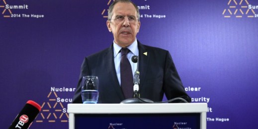 Russian Foreign Minister Sergey Lavrov addresses the media at the Nuclear Security Summit (NSS) in The Hague, Netherlands, March 24, 2014 (AP photo by Yves Logghe).