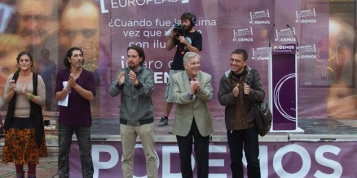 Pablo Iglesias, center, at a Podemos rally in Malaga, Spain, May 17, 2014 (photo by Flickr user cyberfrancis licensed under the Creative Commons Attribution-NonCommercial-NoDerivs 2.0 Generic license).