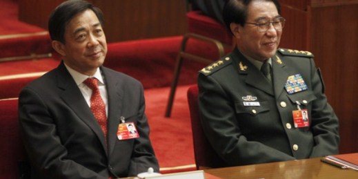 Xu Caihou, right, deputy chairman of the CPC Central Military Commission, and Chongqing Party Secretary Bo Xilai attend the closing session of the National People’s Congress, Beijing, China, March 14, 2012 (AP photo by Vincent Thian).