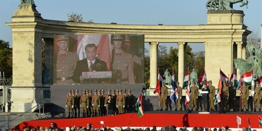 Hungarian Prime Minister Viktor Orban delivers his speech during a ceremony to mark the 57th anniversary of the 1956 uprising in Budapest, Hungary, Oct. 23, 2013. (AP Photo/MTI, Tibor Illyes).