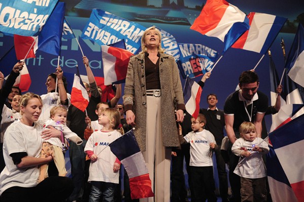 France’s far right presidential candidate and National Front party president Marine Le Pen attends a political rally in Chateauroux, France, Feb. 26, 2012 (Sipa via AP Images).