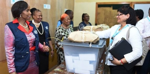 Southern African Development Community (SADC) Electoral Observation Mission Chairperson Maite Nkoana-Mashabane visits polling stations at schools in the North and South of Mauritius, Dec. 10, 2014 (South African government photo).