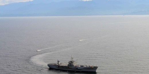 The U.S. 6th Fleet command ship USS Mount Whitney participates in a passing exercise with vessels from the Georgian coast guard while transiting the Black Sea, Oct. 18, 2014 (U.S. Navy photo by Mass Communication Specialist 2nd Class Mike Wright).