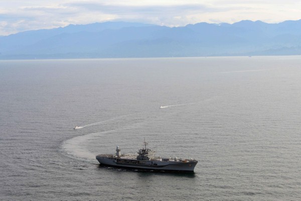 The U.S. 6th Fleet command ship USS Mount Whitney participates in a passing exercise with vessels from the Georgian coast guard while transiting the Black Sea, Oct. 18, 2014 (U.S. Navy photo by Mass Communication Specialist 2nd Class Mike Wright).