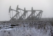 Oil pump jacks work in unison on a foggy morning, Williston, North Dakota, Dec. 19, 2014 (AP photo by Eric Gay).