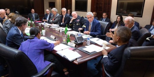 President Barack Obama and Vice President Joe Biden meet with members of the National Security Council in the Situation Room of the White House, Sept. 10, 2014 (Official White House Photo by Pete Souza).