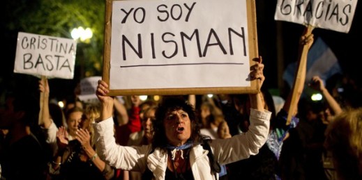 A demonstrator holds a sign that reads in Spanish “I am Nisman” during a protest sparked by the death of special prosecutor Alberto Nisman in Buenos Aires, Argentina, Jan. 19, 2015 (AP photo by Rodrigo Abd).